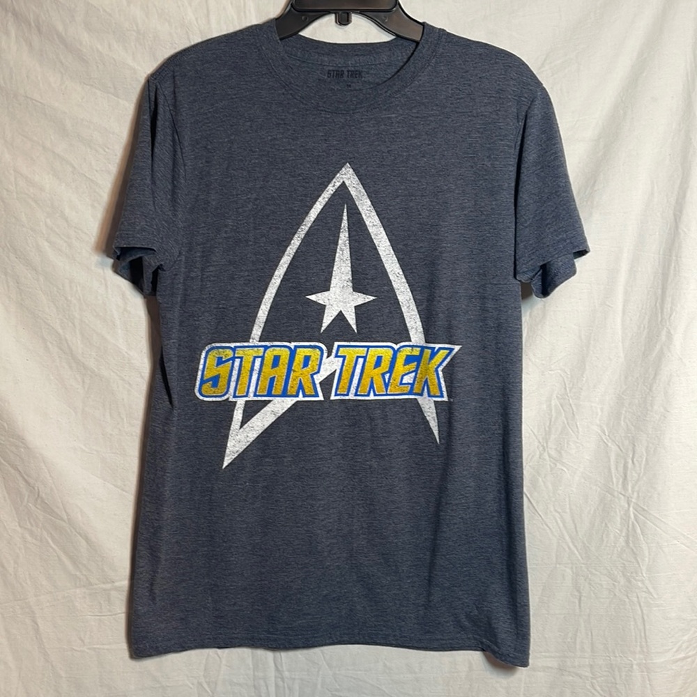 Star Trek Shirt Medium Heathered Blue Soft M Unisex Logo CBS Spell Out Short Slv